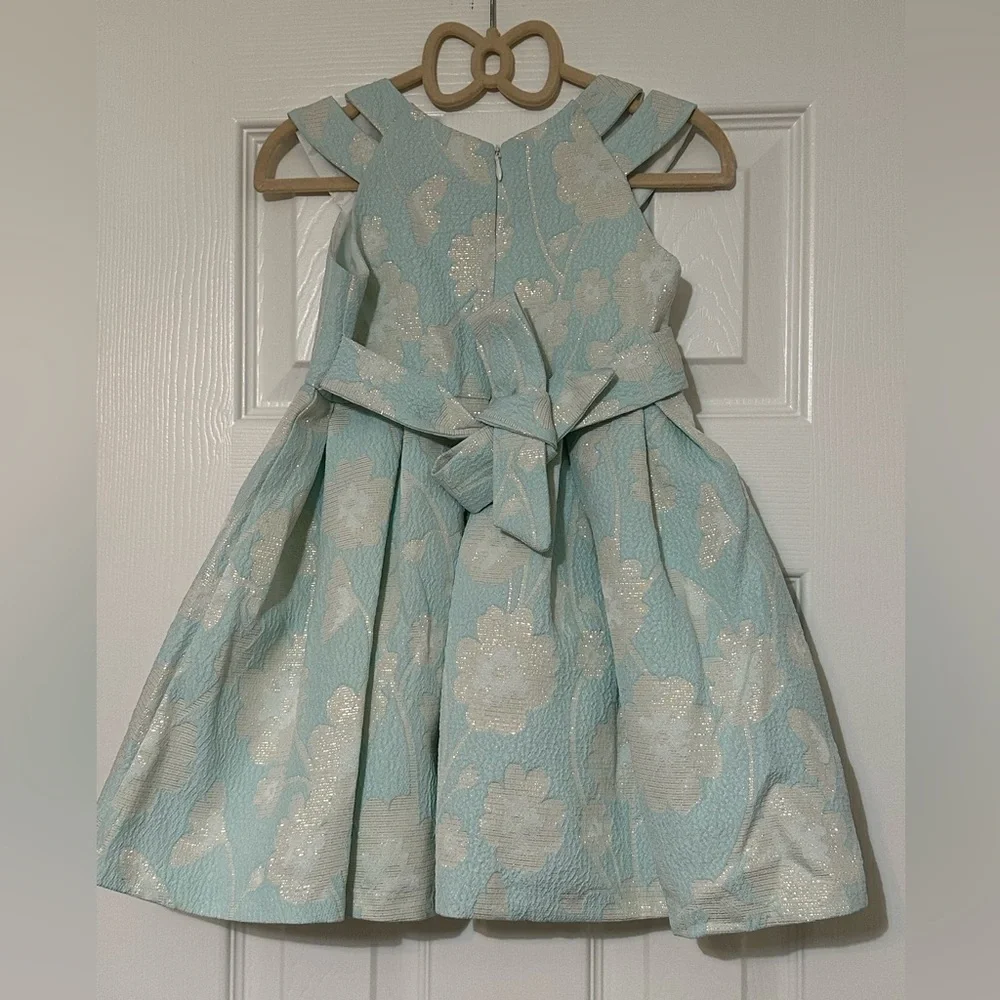Bonnie Jean Toddler Girls Aqua Floral Jacquard Dress with Pearl Accents